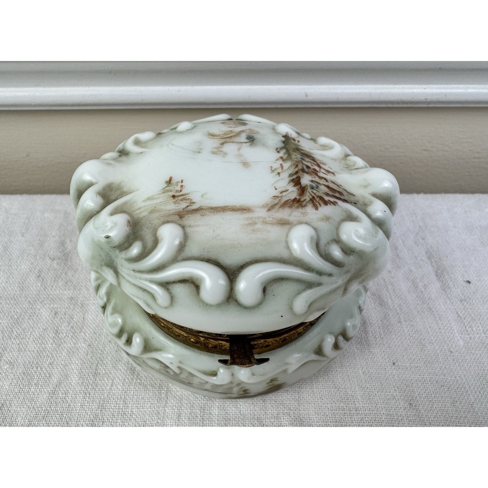 Antique Victorian Wave Crest Hand Painted Opal Glass Cherub Trinket Dresser Box